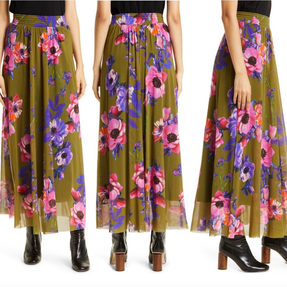 NWOT FUZZI Gonna Lunga Floral Tulle Mesh Stretch Maxi Skirt in Alpino $525 sz M